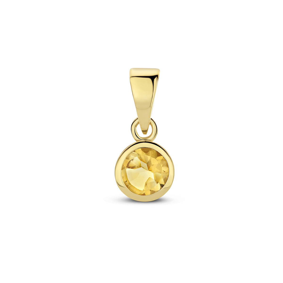 14k Geelgouden geboortesteen hanger uitgevoerd met een schitterende citrien. De hanger heeft een totale hoogte van 1.1cm. De citrien heeft een totaal steengewicht van 0.25ct.