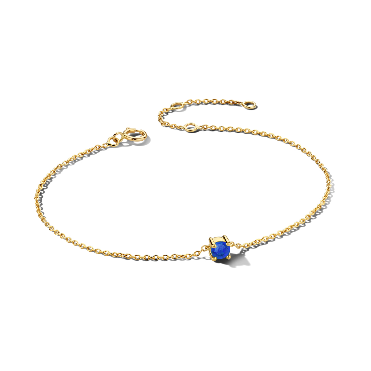 14k Geelgouden armband met een geboortesteen. De saffier heeft een steengewicht van 0.25ct. De armband heeft draaglengtes van 15.5, 17 en 18.5cm. De schakelbreedte is 1.0mm.