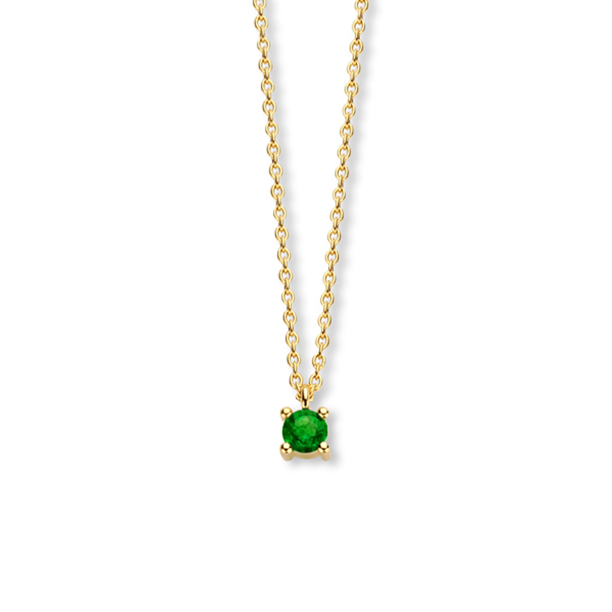14k Geelgouden collier met een smaragd geboortesteen. De smaragd heeft een steengewicht van 0.20ct. Het collier heeft draaglengtes van 40, 42 en 44cm. De schakelbreedte is 1.0mm.