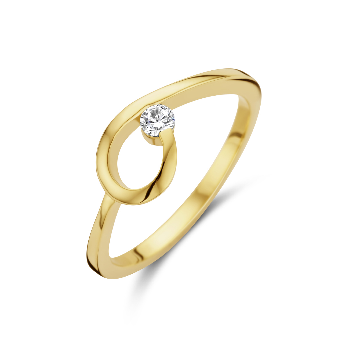 14k Geelgouden ring uitgevoerd met een schitterende zirkonia. De ring heeft een breedte van 7mm.