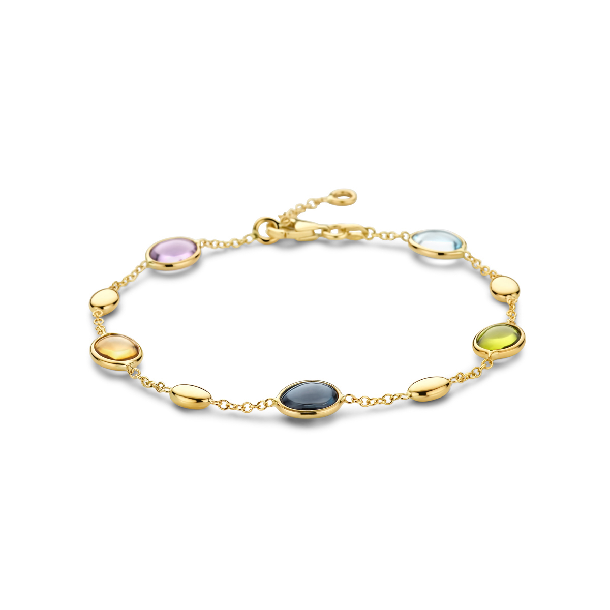 14k Geelgouden armband uitgevoerd met een karabijn sluiting en edelstenen zoals: peridot, blauw topaas, London blue topaas, citrien en amethist. De armband heeft draalengtes van 17 en 19cm. De schakelbreedte is 1.5mm.