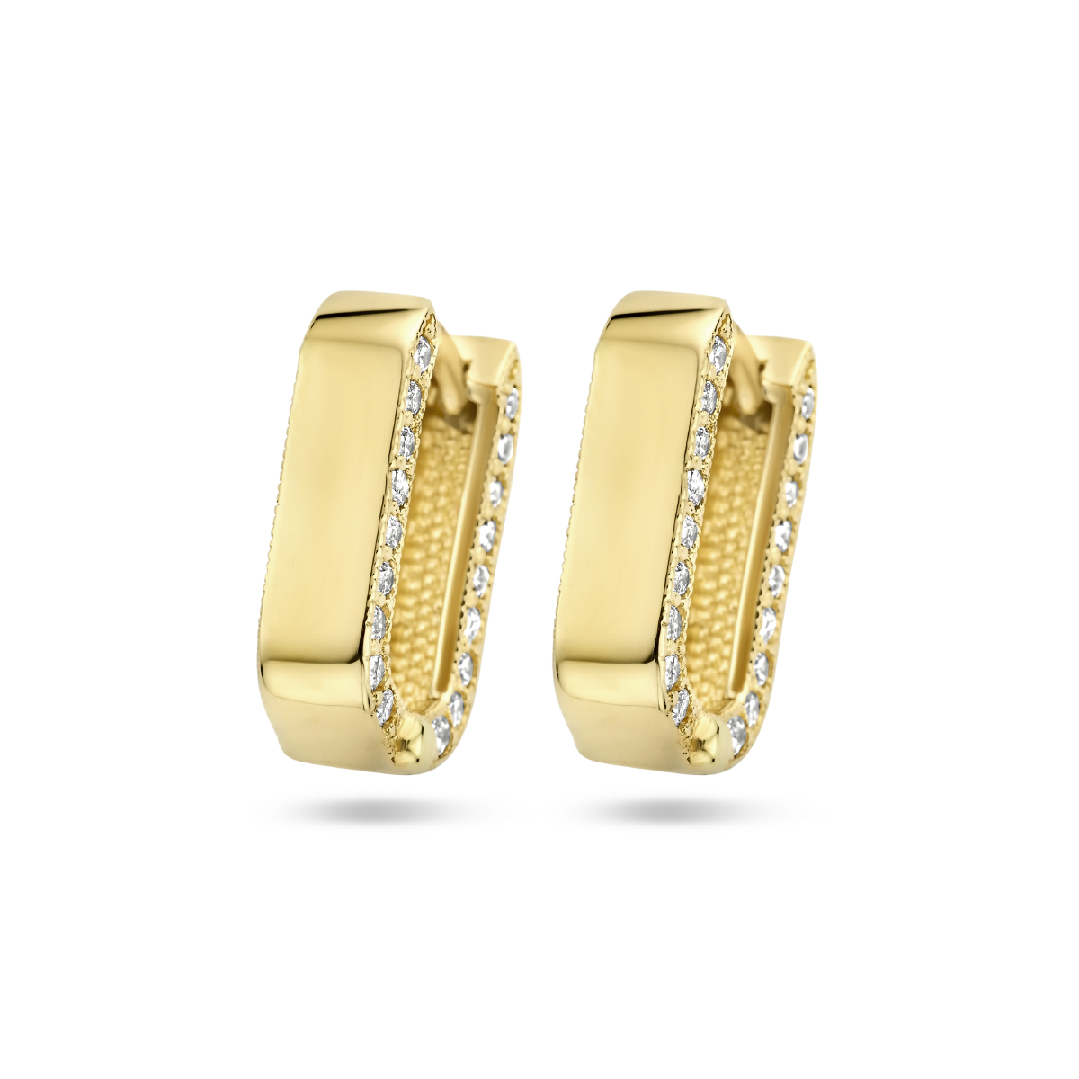 14k Geelgouden klapoorringen uitgevoerd met zirkonia. De klapoorringen hebben een afmeting van 14x4mm.