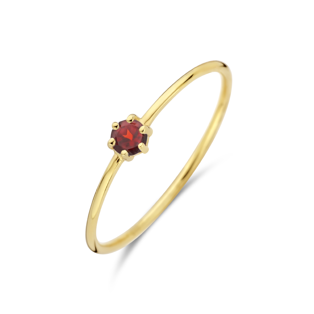 14k Geelgouden ring uitgevoerd met een schitterende granaat. De ring heeft een breedte van 4mm.