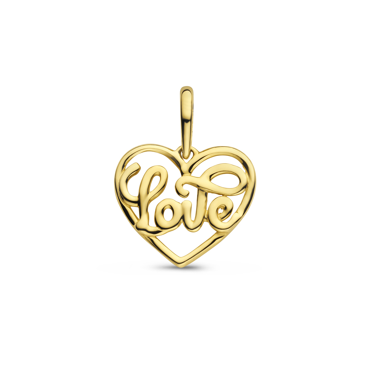 14k Geelgouden hartjes hanger met de tekst love. Het hart heeft een afmeting van 10.3x11.8mm.