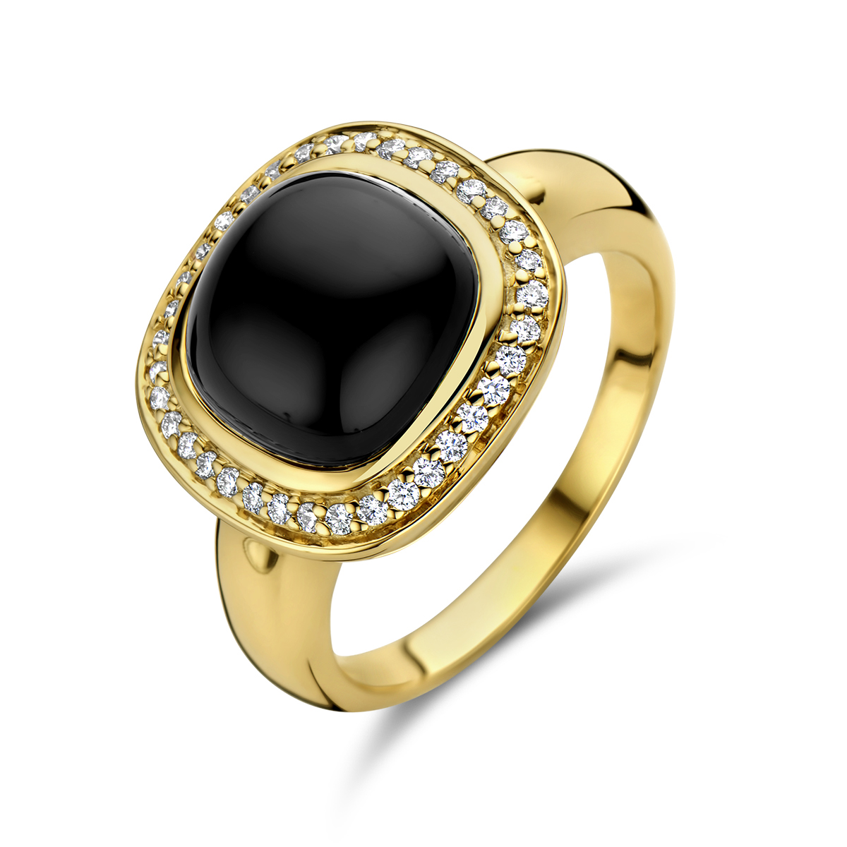 14k Geelgouden ring uitgevoerd met onyx en diamanten. De onyx heeft een cushion vorm en is aan de bovenzijde cabochon. De ring heeft een breedte van 14mm.