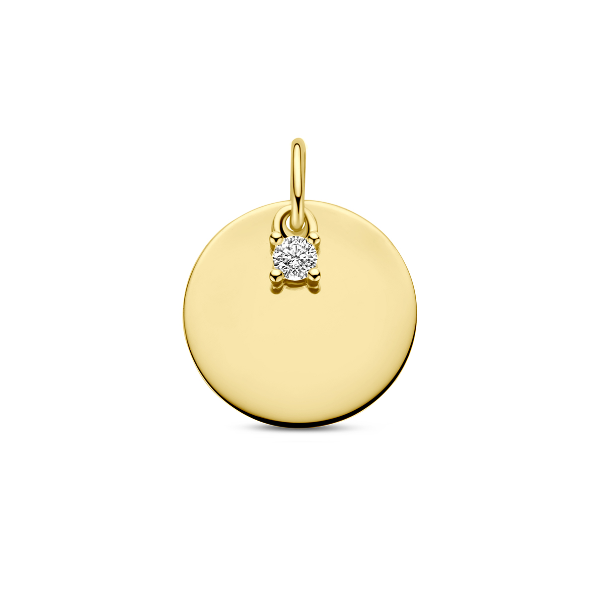 14k Geelgouden graveerhanger uitgevoerd met een cirkel en een diamant. De dikte van de plaat is 0.5mm.