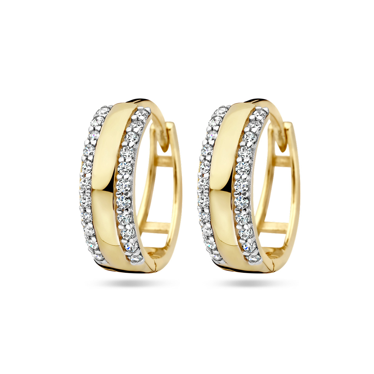 14k Geelgouden klapoorringen uitgevoerd met zirkonia. De oorringen hebben een diameter van 14mm.