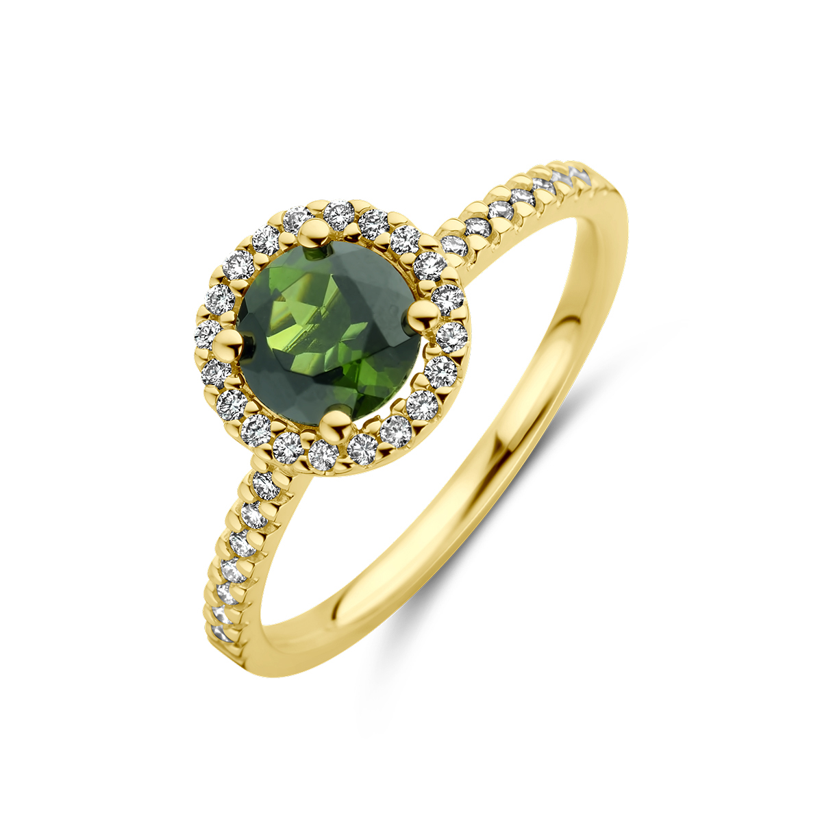14k Geelgouden ring uitgevoerd met toermalijn 6mm en diamanten. De ring heeft een breedte van 8.5mm.
