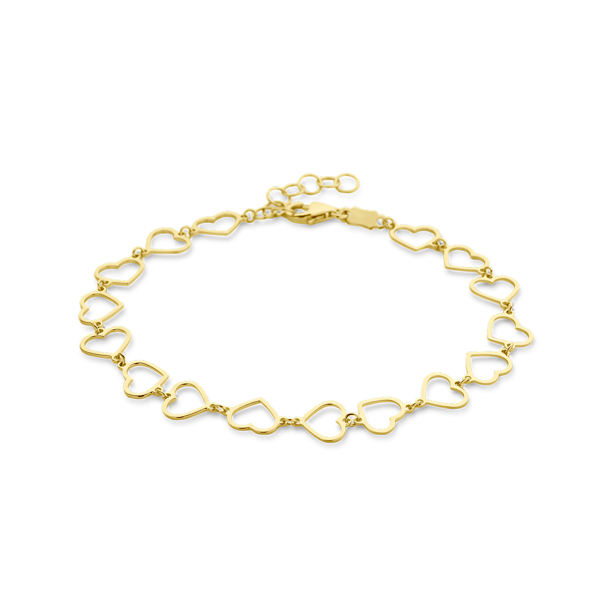 14k Geelgouden armband uitgevoerd met hartjes. De armband heeft een draaglengte van 16cm met 2cm extensie en is uitgevoerd met karabijnsluiting.