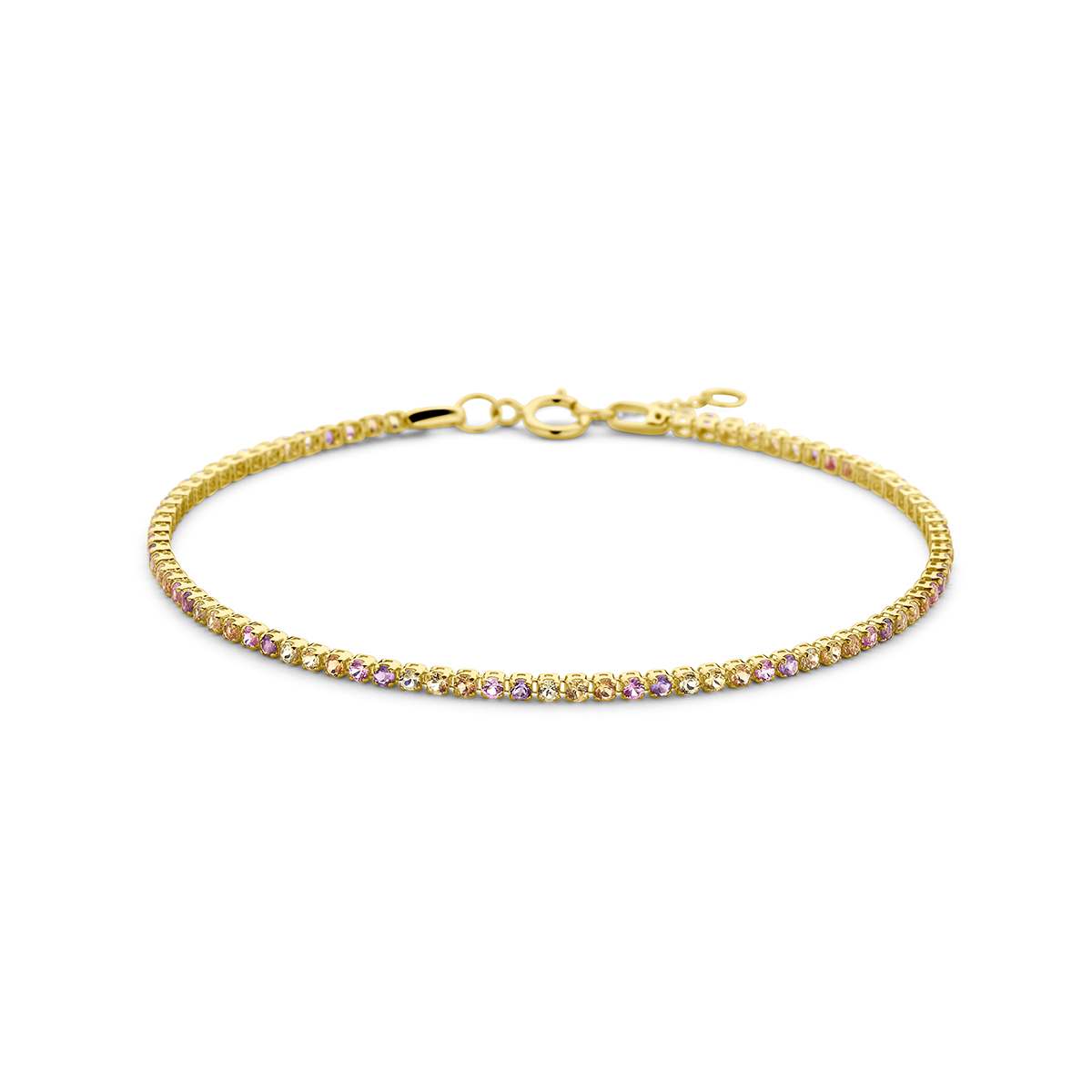 14k Geelgouden tennisarmband uitgevoerd met natuurlijke kleurstenen zoals: amethist, citrien, peridot, roze en geel saffier. De armband heeft draaglengtes van 16.5 en 18cm. De schakelbreedte is 1.5mm.