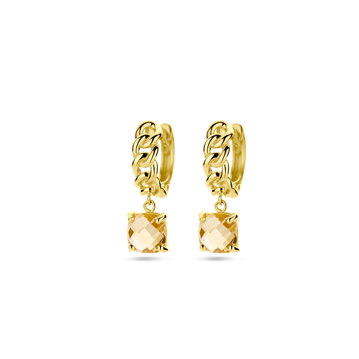 14k Geelgouden klapoorringen met schakelmotief, uitgevoerd met een citrine hanger. De klapoorring heeft een diameter van 12mm en een breedte van 4mm.