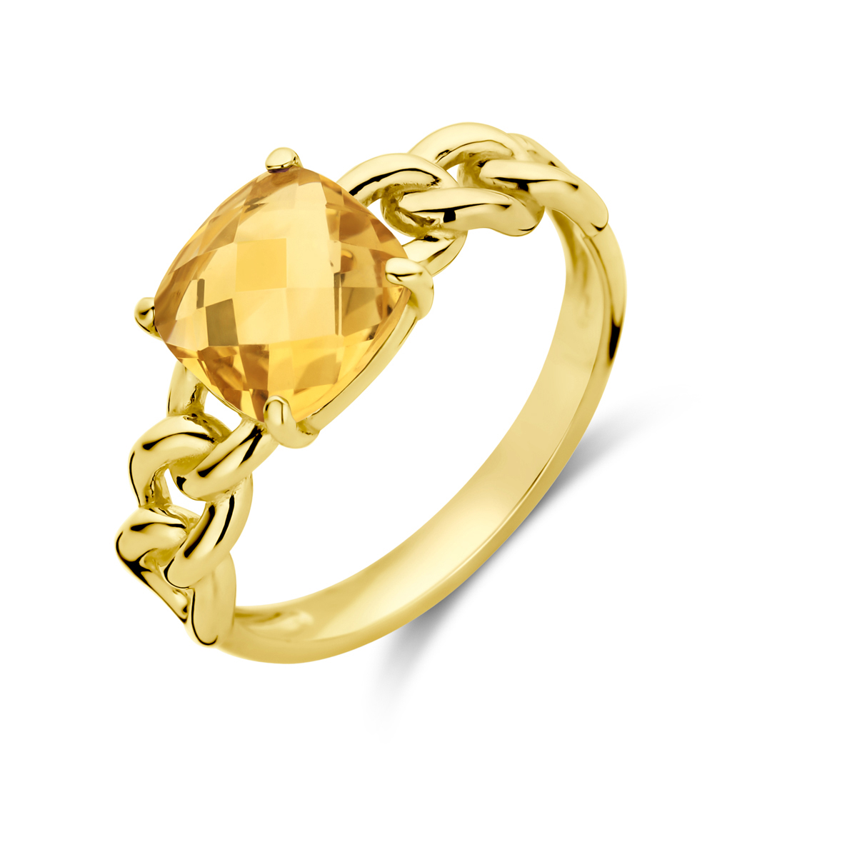 14k Geelgouden ring met schakelmotief, uitgevoerd met een citrine. De ring heeft een breedte van 8mm.