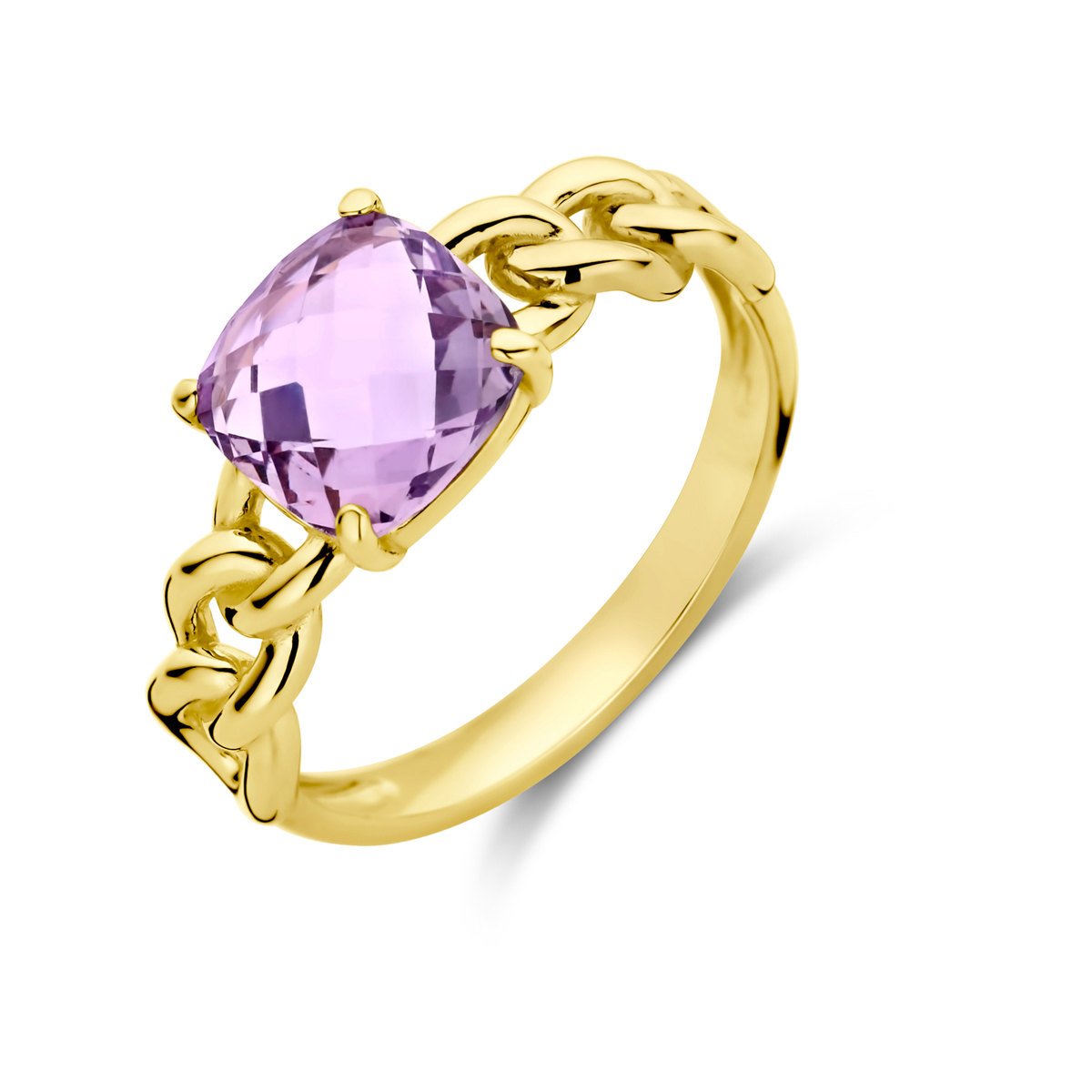 14k Geelgouden ring met schakelmotief, uitgevoerd met een amethist. De ring heeft een breedte van 8mm.