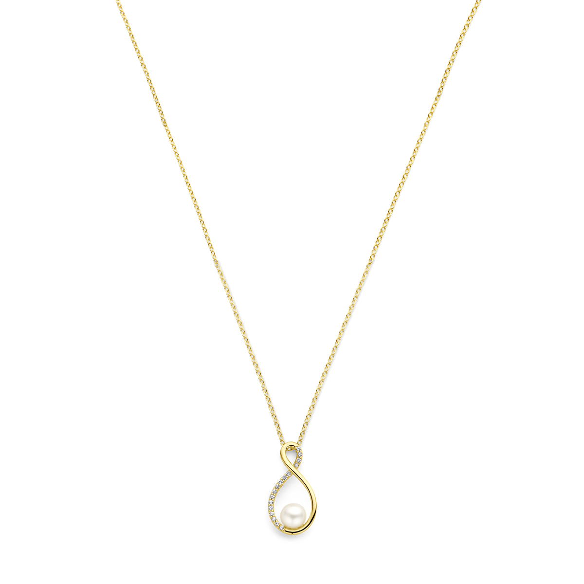 14k Geelgouden collier met een zoetwaterparel en zirkonia. Het collier heeft draaglengtes van 43 en 45cm. De schakelbreedte is 1.3mm. Uitgevoerd met een karabijn sluiting.