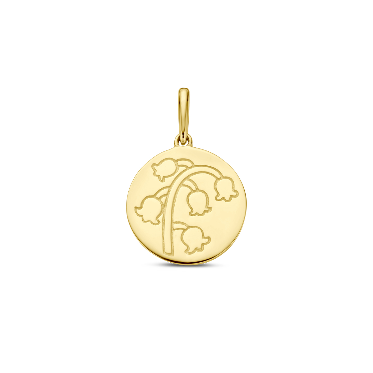 14k Geelgouden ronde hanger uitgevoerd met een geboortebloem. De hanger heeft een totale hoogte van 18mm.