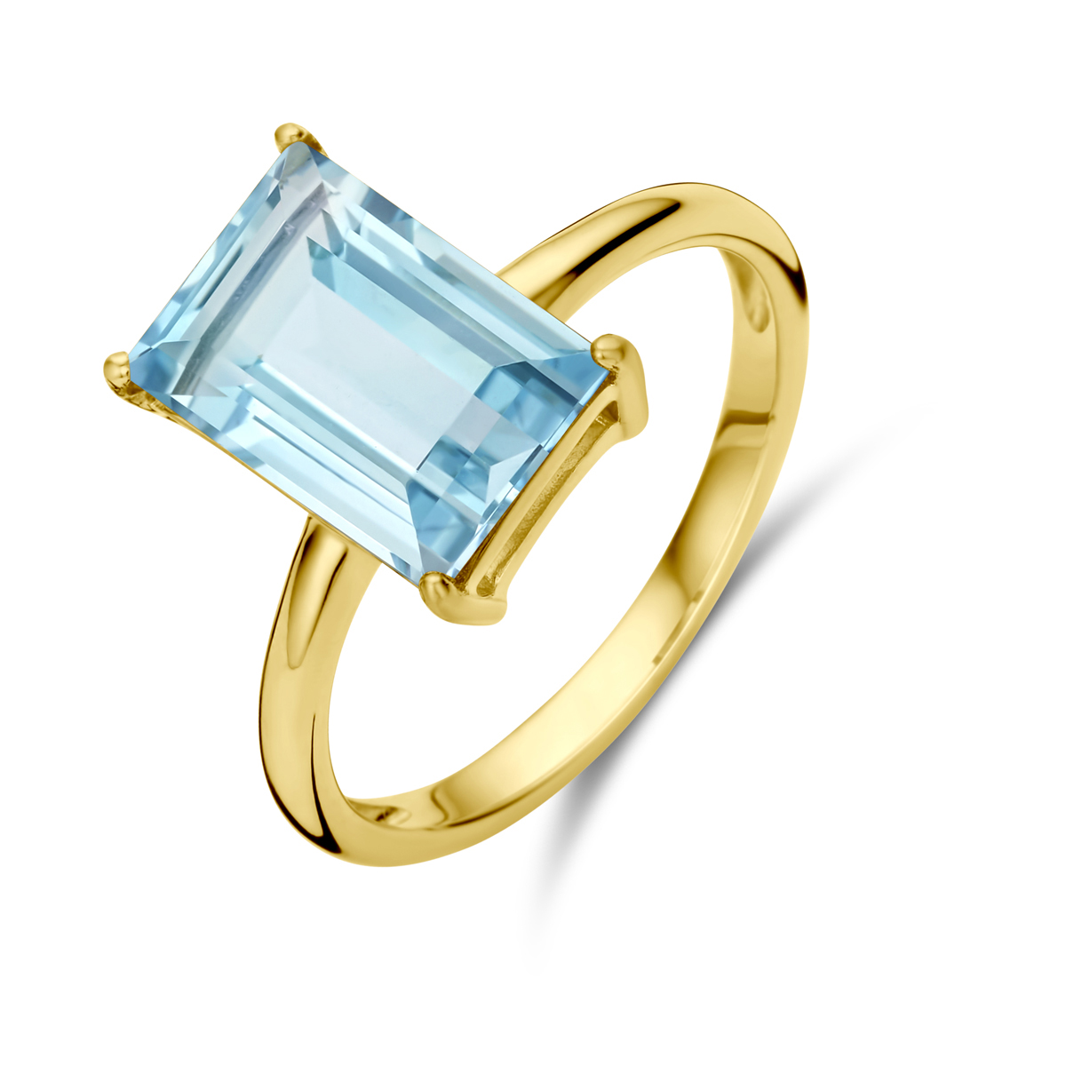 14k Geelgouden ring uitgevoerd met blauw topaas. De ring heeft een breedte van 12mm.