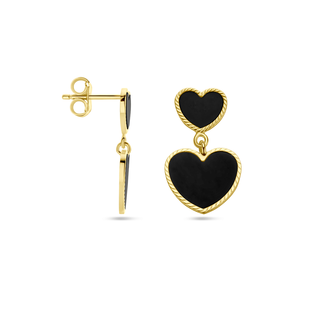 14k Geelgouden oorhangers uitgevoerd met twee hartjes en onyx. De oorhangers hebben een totale hoogte van 21mm.