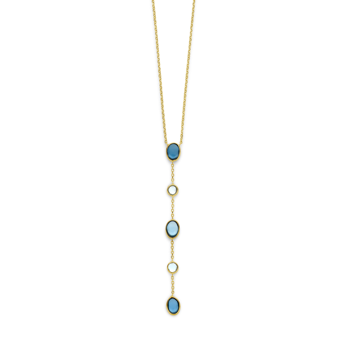 14k collier uitgevoerd met met london blue en blauw topaas. Het collier heeft een schakelbreedte van 1mm en draaglengtes van 45-47cm. Uitgevoerd met karabijn sluiting.