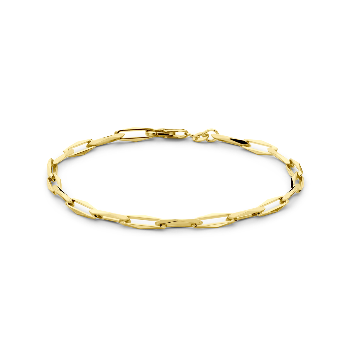 14k Geelgouden armband met een schakelbreedte van 4mm. De armband heeft een draaglengte van 20.5cm en is uitgevoerd met karabijnsluiting.