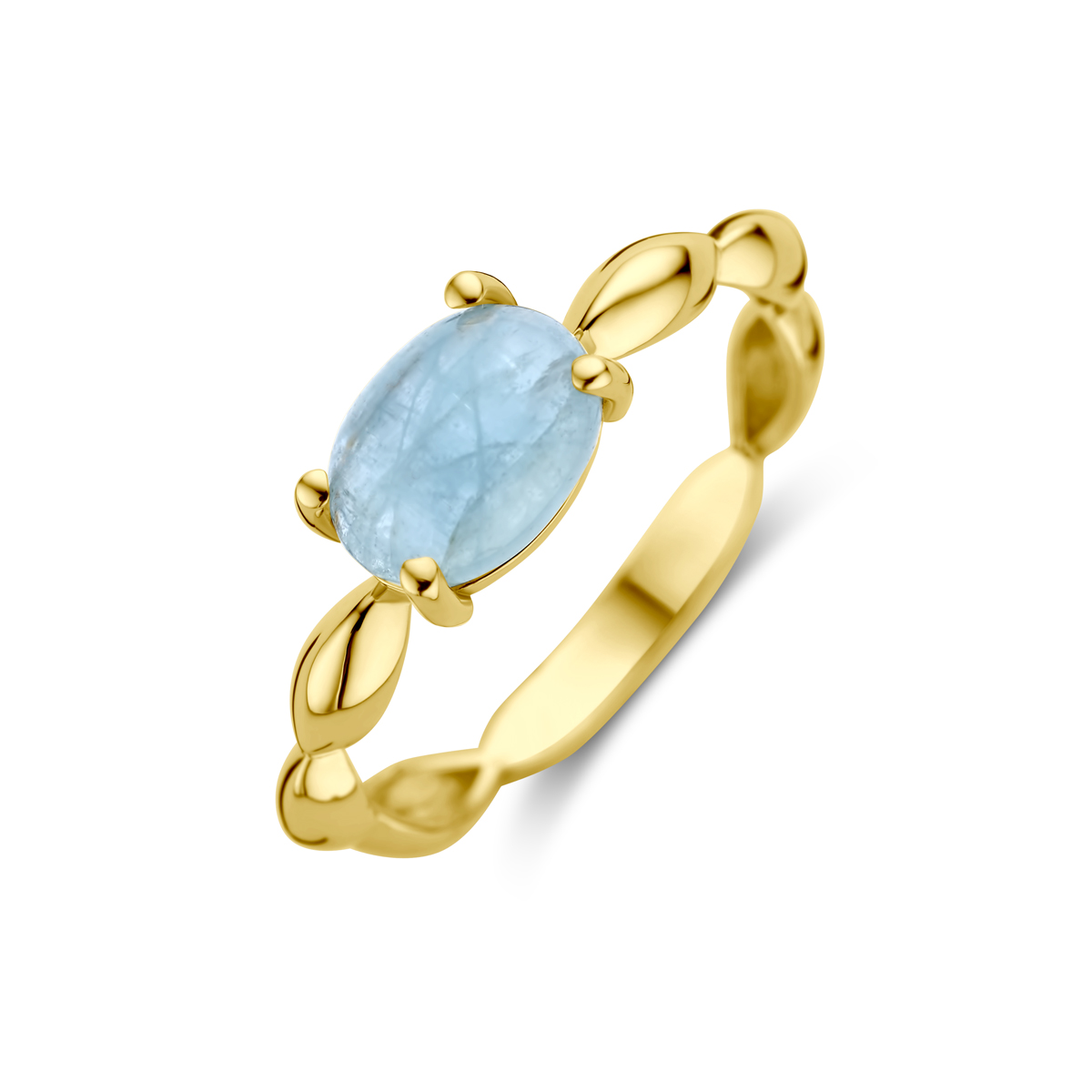 14k Geelgouden ring uitgevoerd met aquamarijn. De steen heeft een afmeting van 8x6mm.