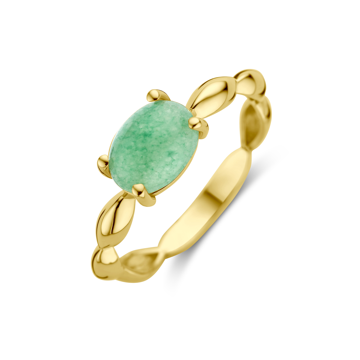 14k Geelgouden ring uitgevoerd met groen agaat. De steen heeft een afmeting van 8x6mm.