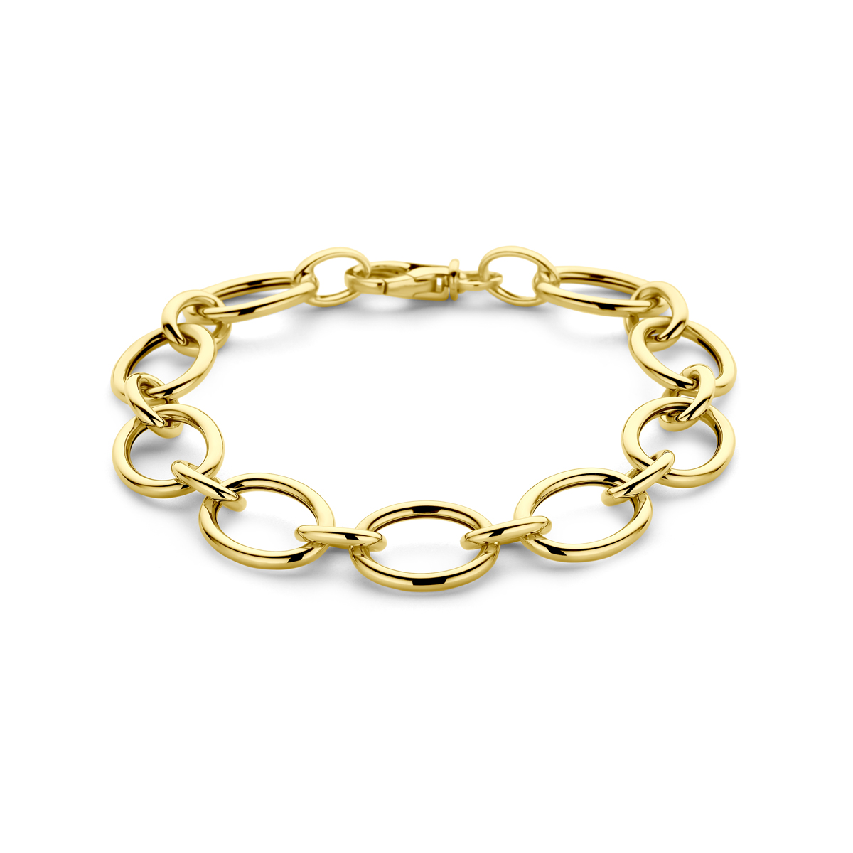 14k Geelgouden armband uitgevoerd met een karabijn sluiting. Deze armband heeft een draaglengte van 19cm. De schakelbreedtes zijn 7.7mm en 12mm.
