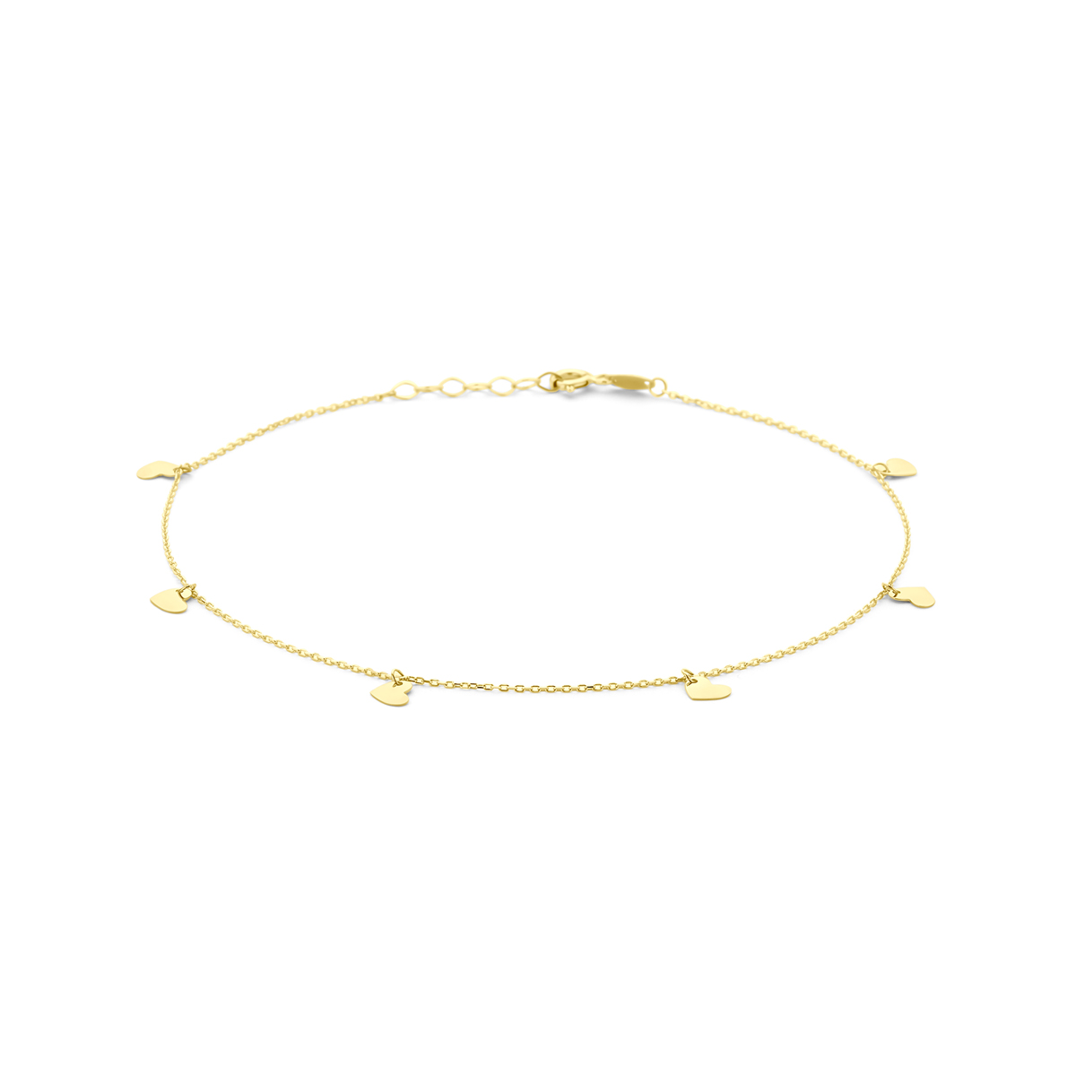 14k Geelgouden enkelbandje uitgevoerd met hartjes en een karabijn sluiting. Het enkelbandje heeft een draaglengte van 24cm met een extensie van 2cm. De hartjes hebben een afmeting van ..x..mm. De schakelbreedte is ...mm.