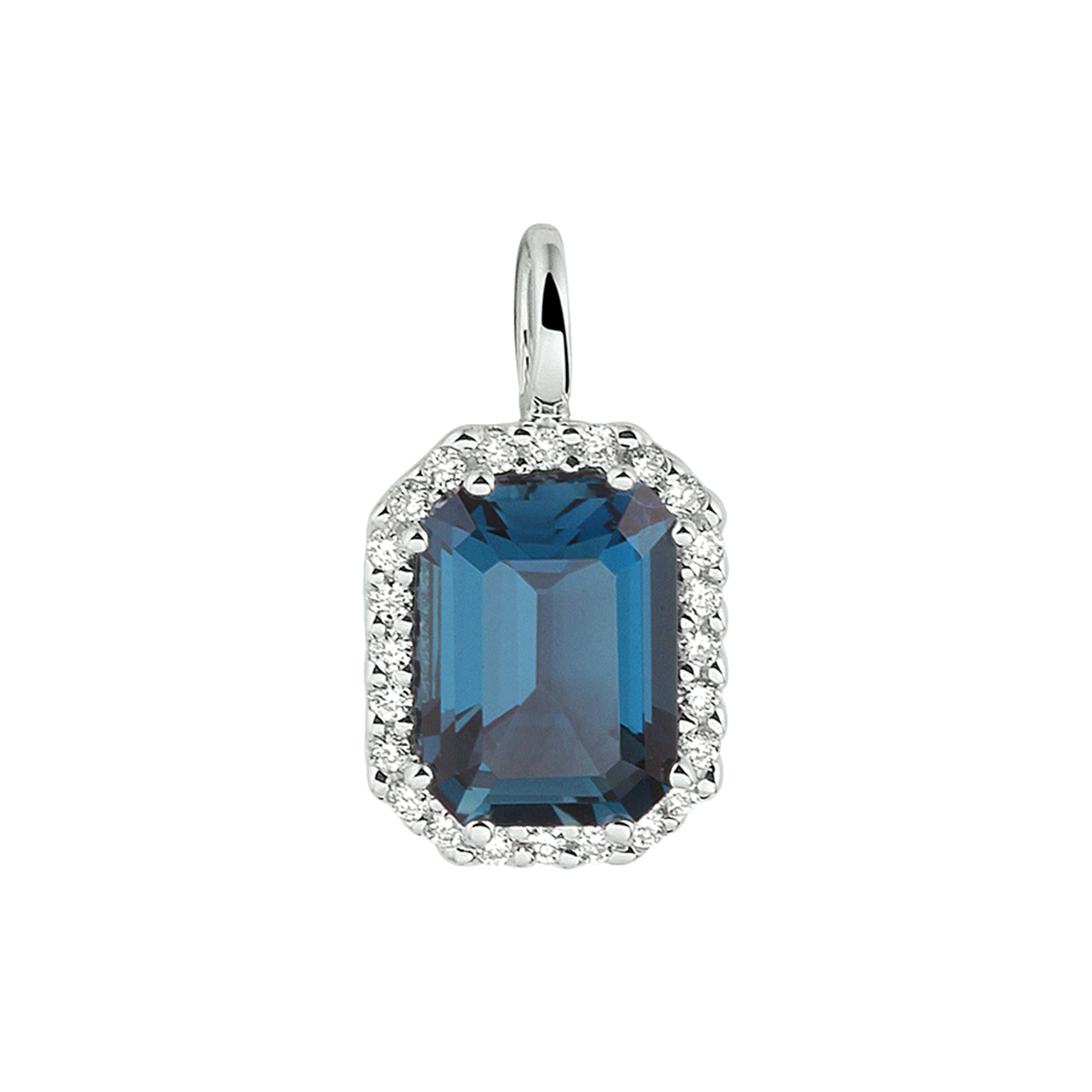 14k Witgouden hanger uitgevoerd met een schitterende London blue topaas en een diamant rij. De hanger heeft een afmeting van 14,5x8,5mm. De steenmaat is 8x6mm.