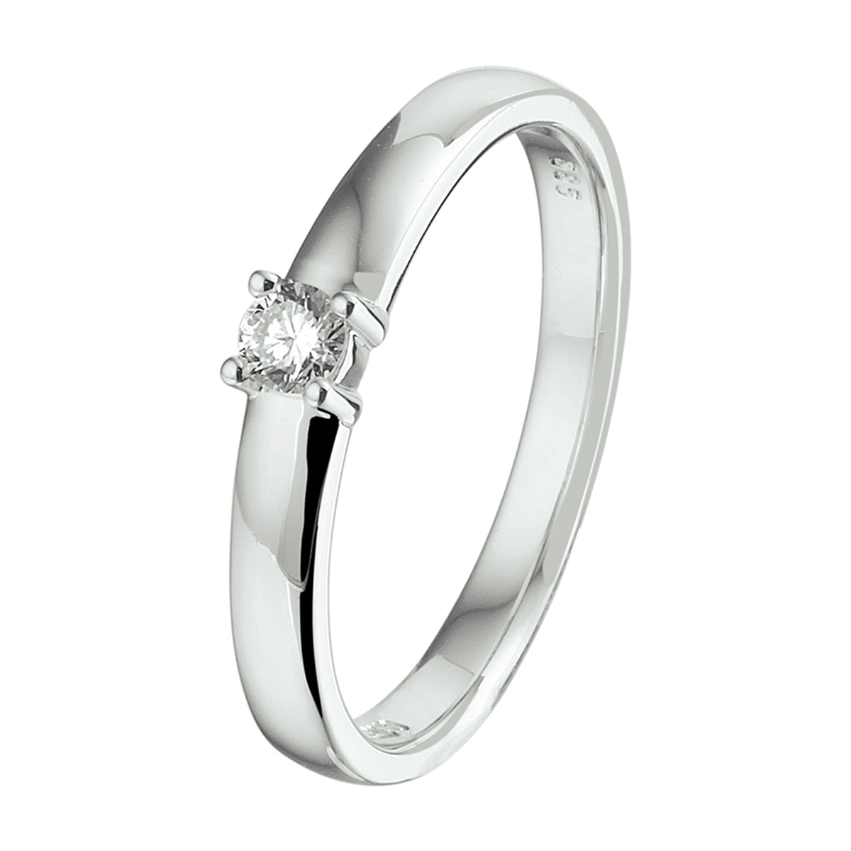 14k Witgouden ring uitgevoerd met een schitterende diamant. De ring heeft een breedte van 3mm.