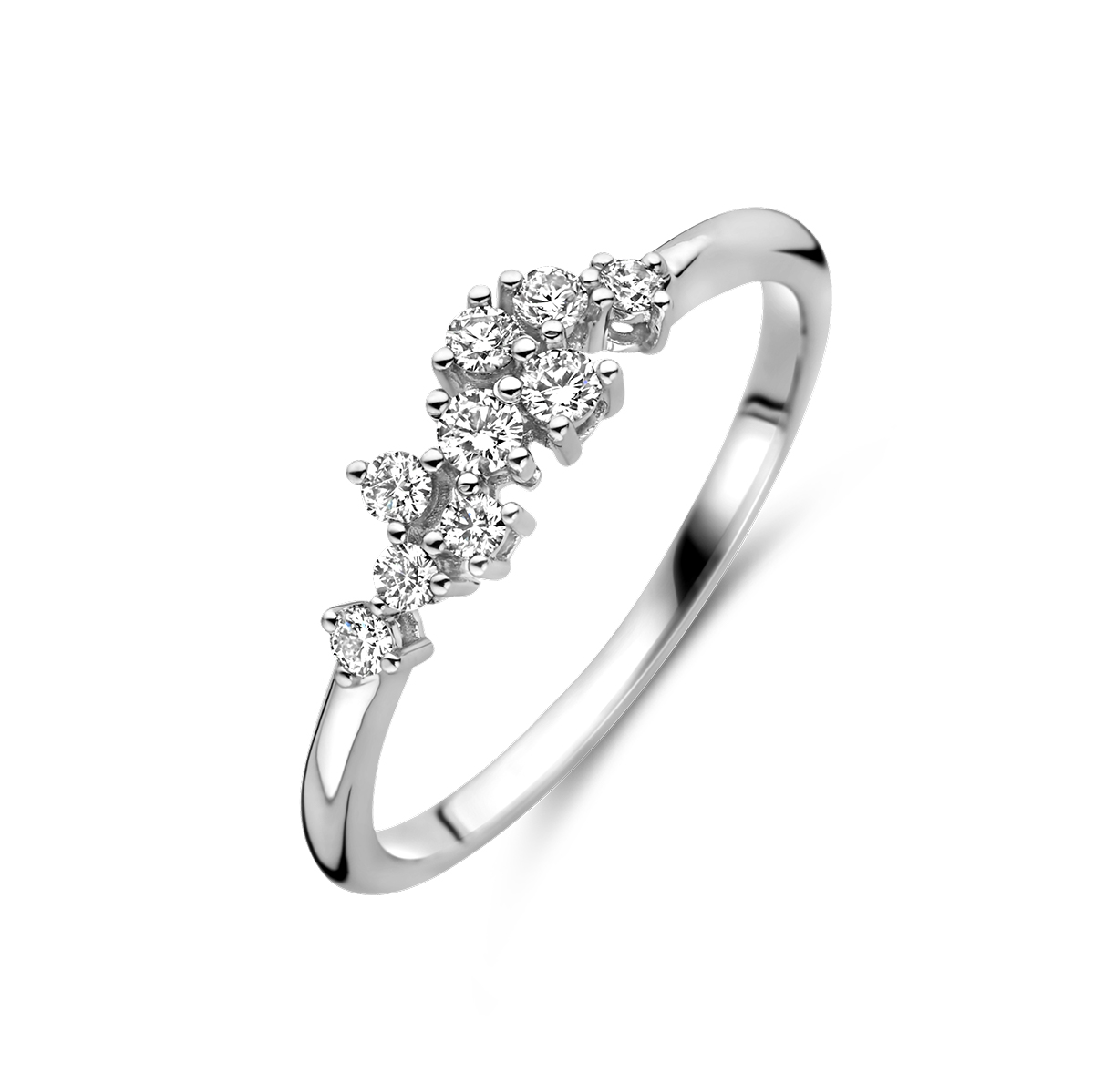 14k Witgouden ring uitgevoerd met schitterende diamant. De ring heeft een breedte van 4.5mm. Het diamantgewicht is 0.21ct.