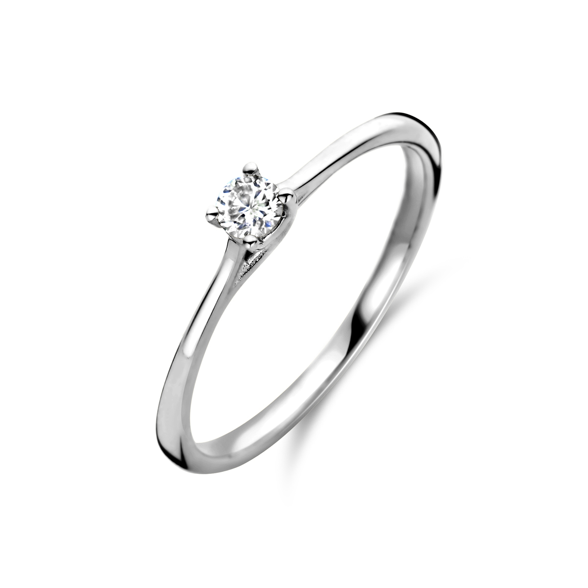 14k Witgouden ring uitgevoerd met diamant. De ring heeft een breedte van 3mm