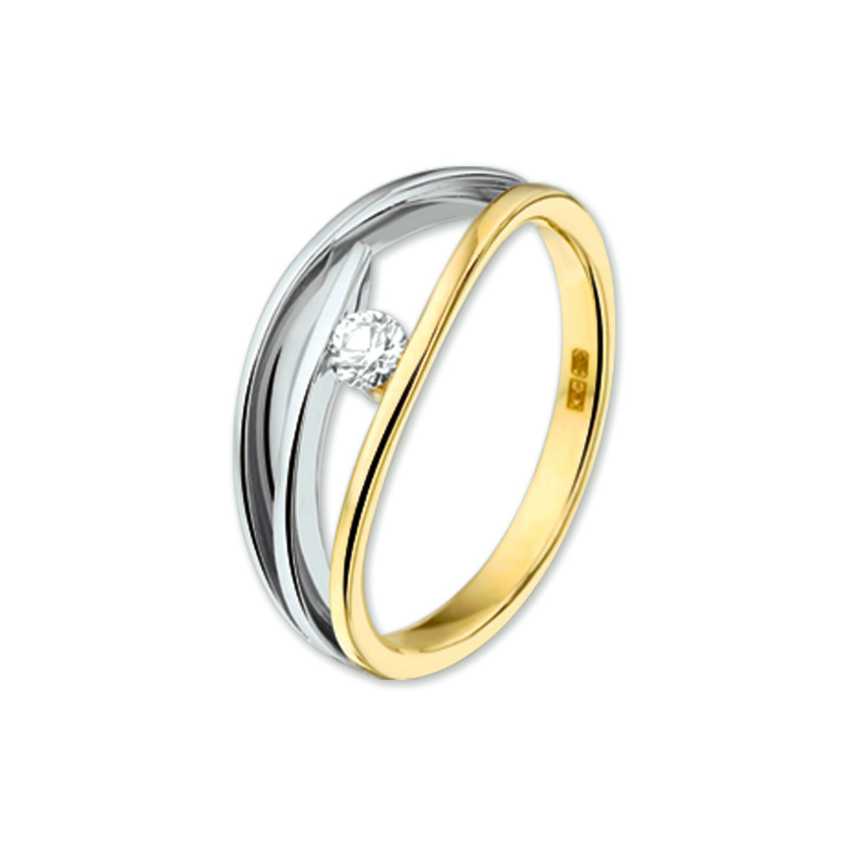 Beschrijving: Bicolor wit- en geelgouden ring met zirkonia. 
Uniekenummer serie: 26656
Verpakt per: 1
Doelgroep: dames
Ringmaat: 17.50 mm (55)
Breedte: 8 mm
Zetting: solitaire (span zetting)