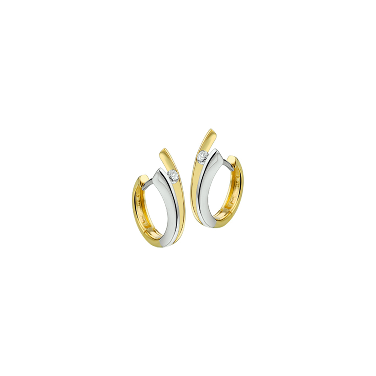 Beschrijving: Bicolor wit- en geelgouden klapcreolen gegoten met zirkonia. 
Verpakt per: 1
Doelgroep: dames
Breedte: 4.5 mm
Zetting: solitaire (span zetting)