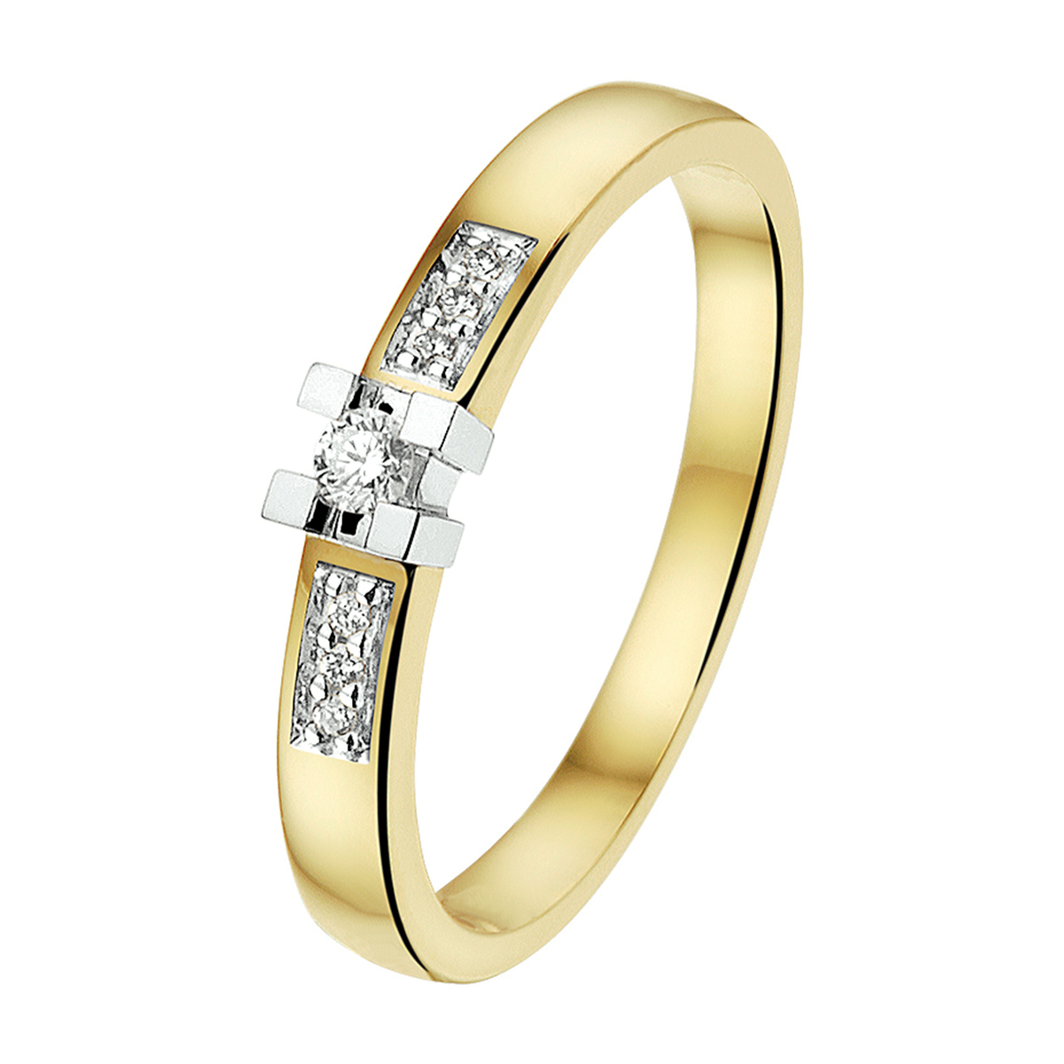 Beschrijving: Chique bicolor geel en witgouden ring van 3.5mm breed uitgevoerd met een luxe rijzetting van briljant geslepen diamant van 0.08ct. De rijzetting van diamanten zorgt voor een schitterende elegante look.

