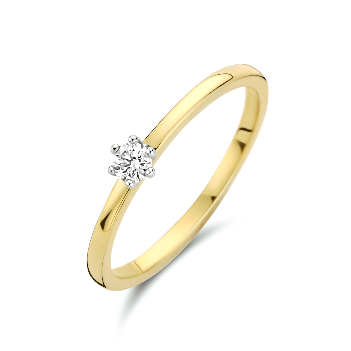 14k Bicolor geel- en witgouden ring uitgevoerd met een schitterende diamant. De ring heeft een breedte van 3.8mm.