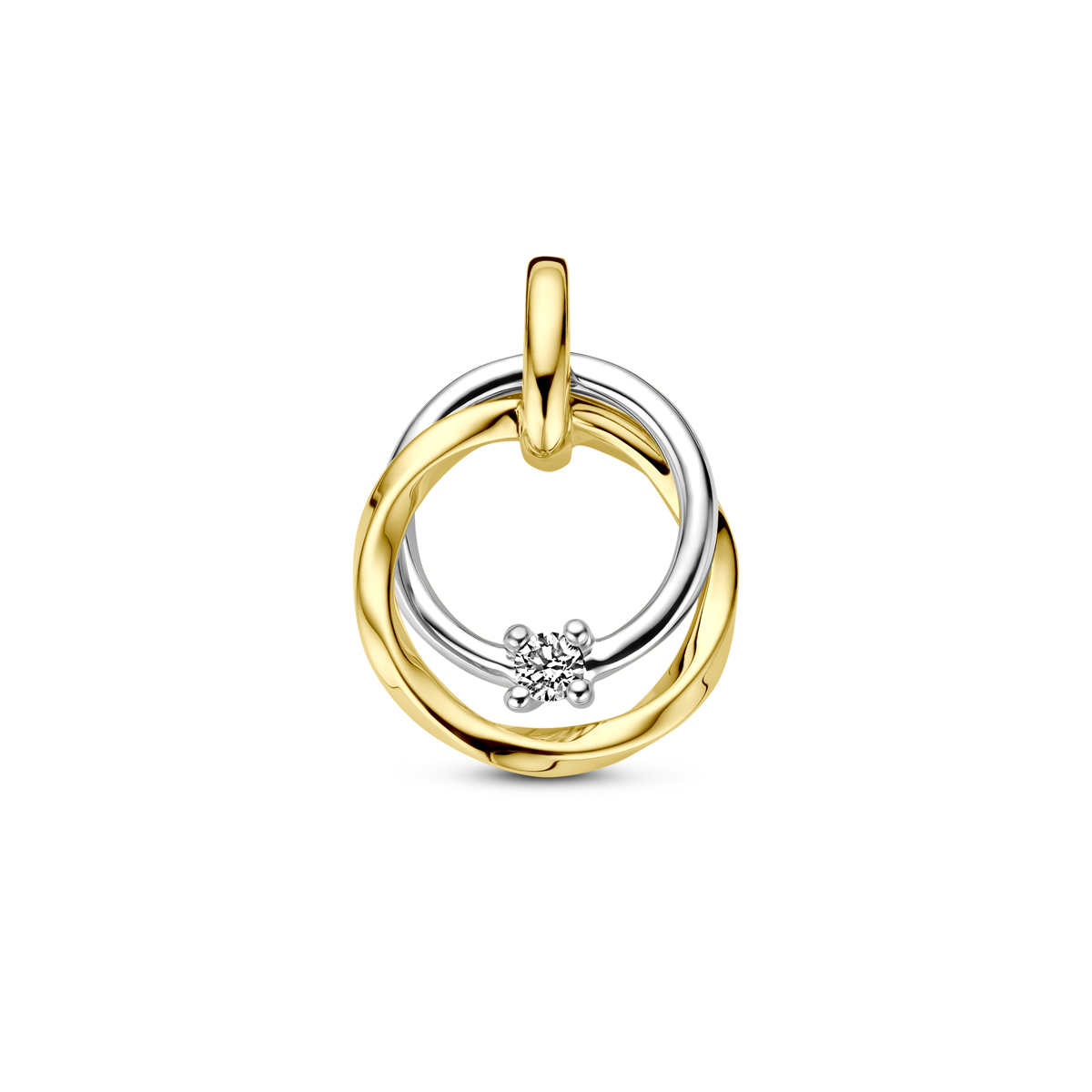 14k Bi-color geel- en witgouden hanger uitgevoerd met diamant. De hanger heeft een totale hoogte van 15mm.