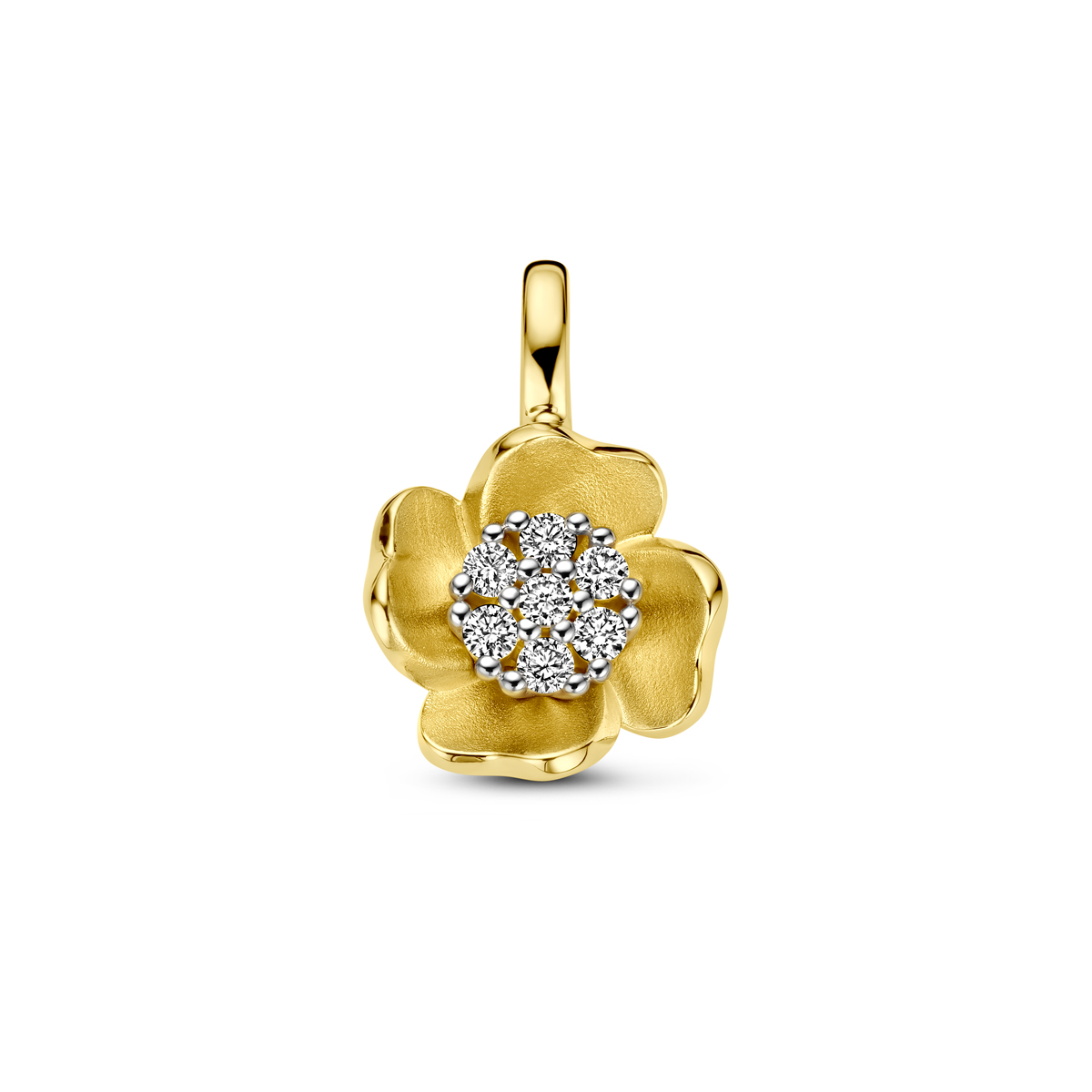 14k Bicolor wit- en geelgouden hanger in de vorm van een bloem met diamanten. De hanger heeft ene totale hoogte van 15mm.