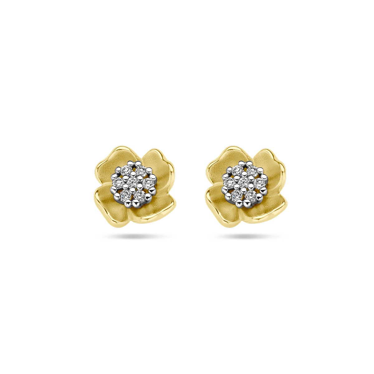 14k Bicolor wit- en geelgouden oorknoppen in de vorm van een bloem met diamanten. De oorknoppen hebben een afmeting van 8x8mm.