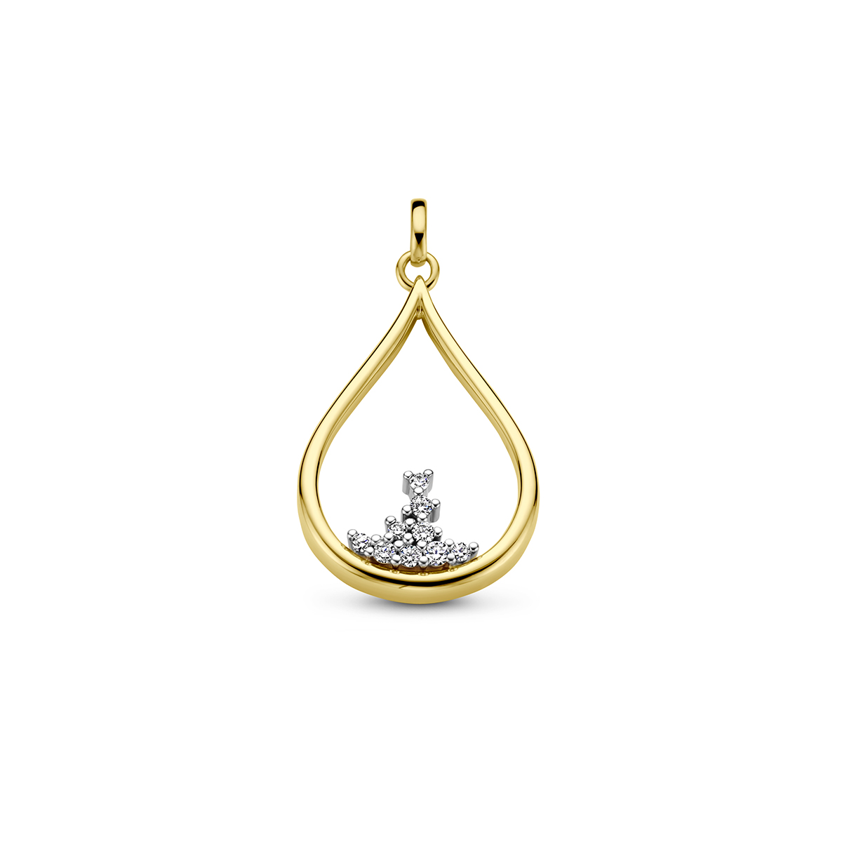 14-karaats bicolor geel- en witgouden hanger uitgevoerd met diamanten. De hanger heeft een totale hoogte van 31 mm en een breedte van 16.5 mm.
Diamant: totaal 0.115 ct
Kleur, helderheid: H, SI

Deze hanger wordt zonder collier geleverd.
