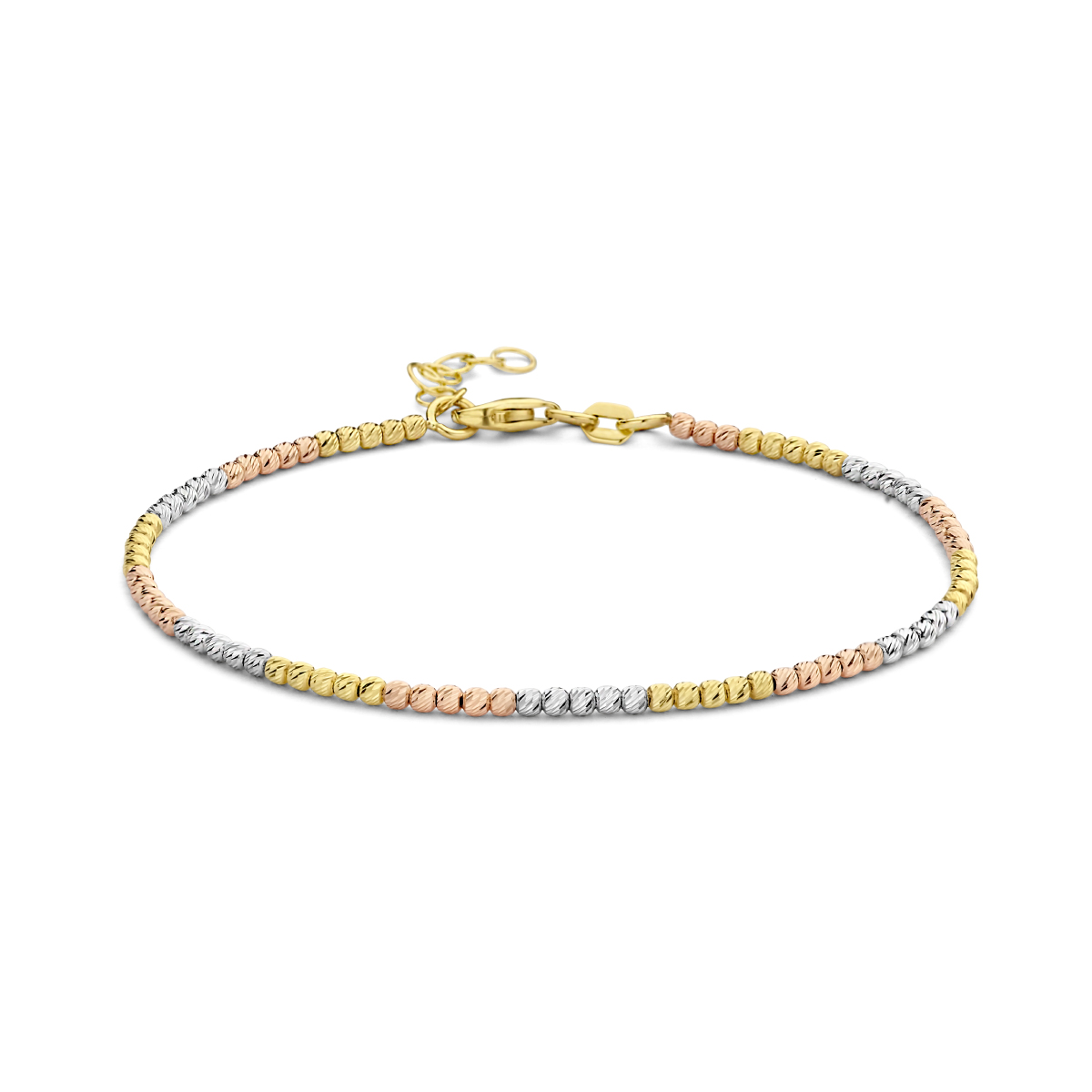 14k Tricolor wit-, rose- en geelgouden armband uitgevoerd met bolletjes en een karabijn sluiting. De armband heeft een draaglengte van 17cm met een extensie van 2cm en een schakelbreedte van 2mm.