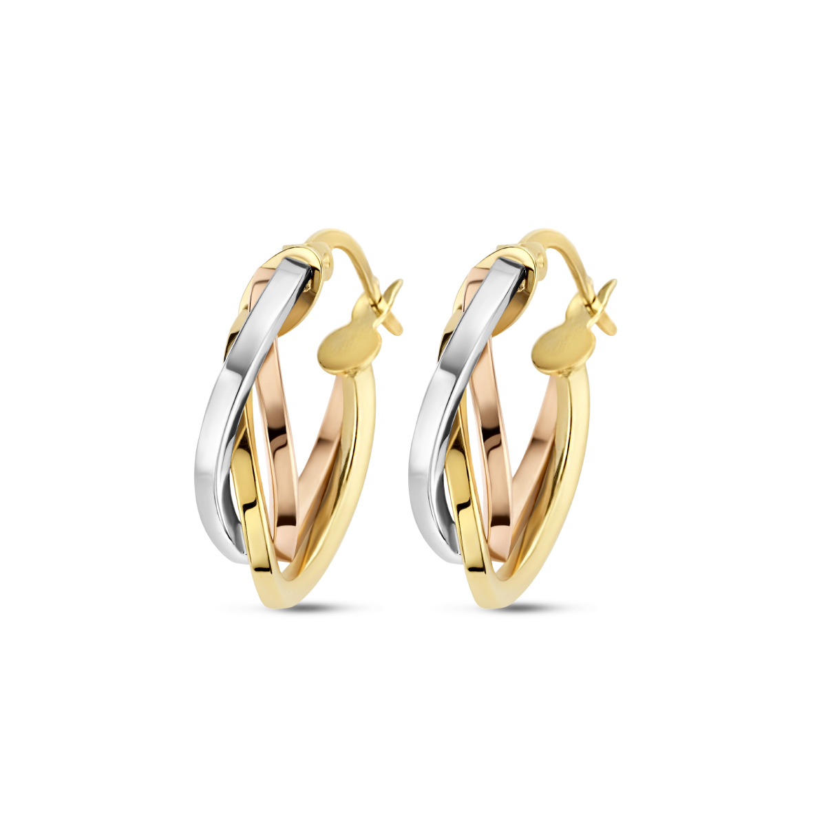 14k Tricolor wit- rose- en geelgouden oorringen met een afmeting van 20.5x5mm.