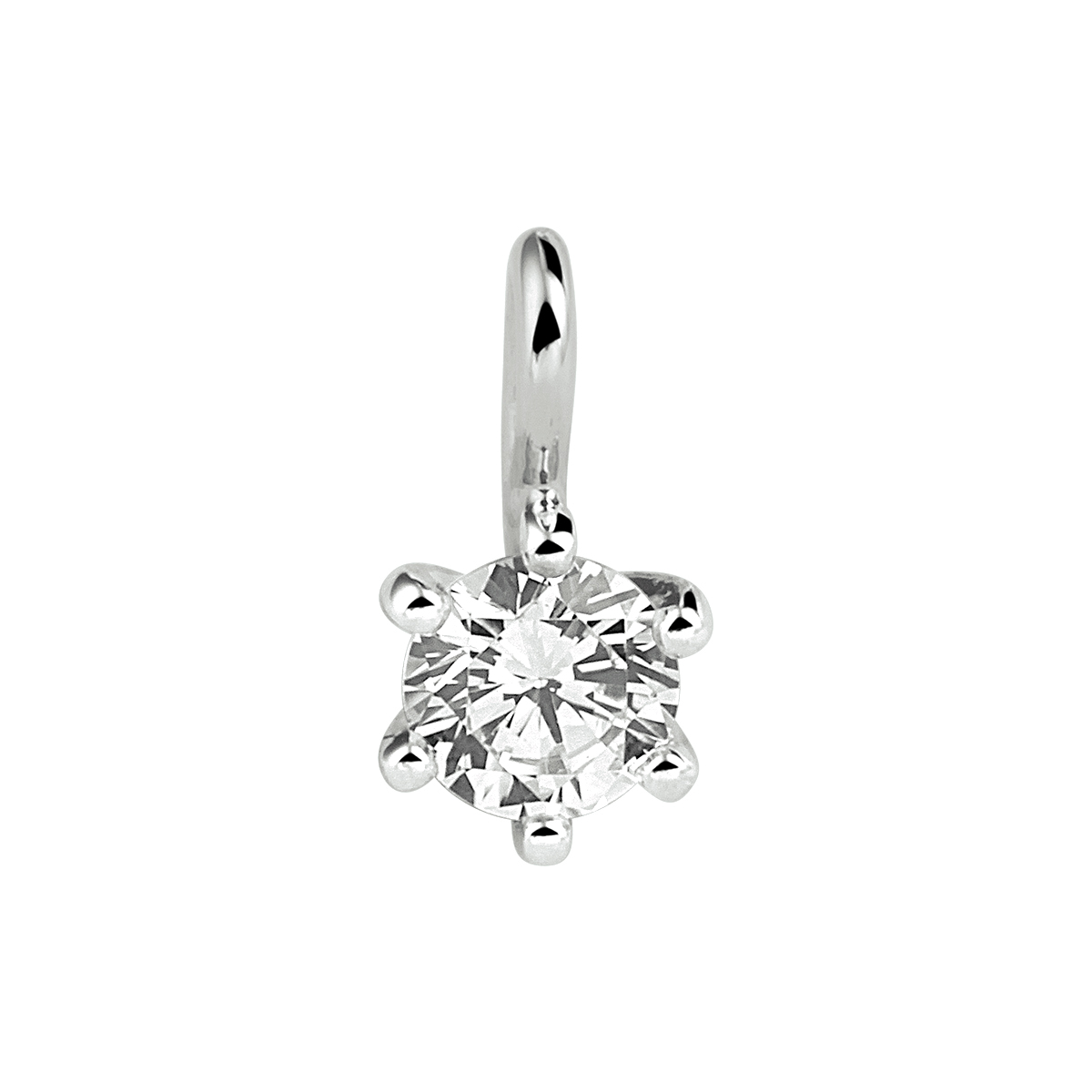 Klassieke 6-poots solitaire hanger, gezet met een +/- 0,25 ct F/Vs1 Made Diamond. Made Diamonds zijn diamanten die ontstaan in een laboratorium. Onder extreem hoge druk en temperatuur wordt het natuurlijk ontstaansproces nagebootst met als eindresultaat een diamant met dezelfde chemische eigenschappen maar met een andere oorsprong. Deze diamanten vallen in een reeks van steengrootten vari�rend tussen de 0,23 ct en 0,29 ct.