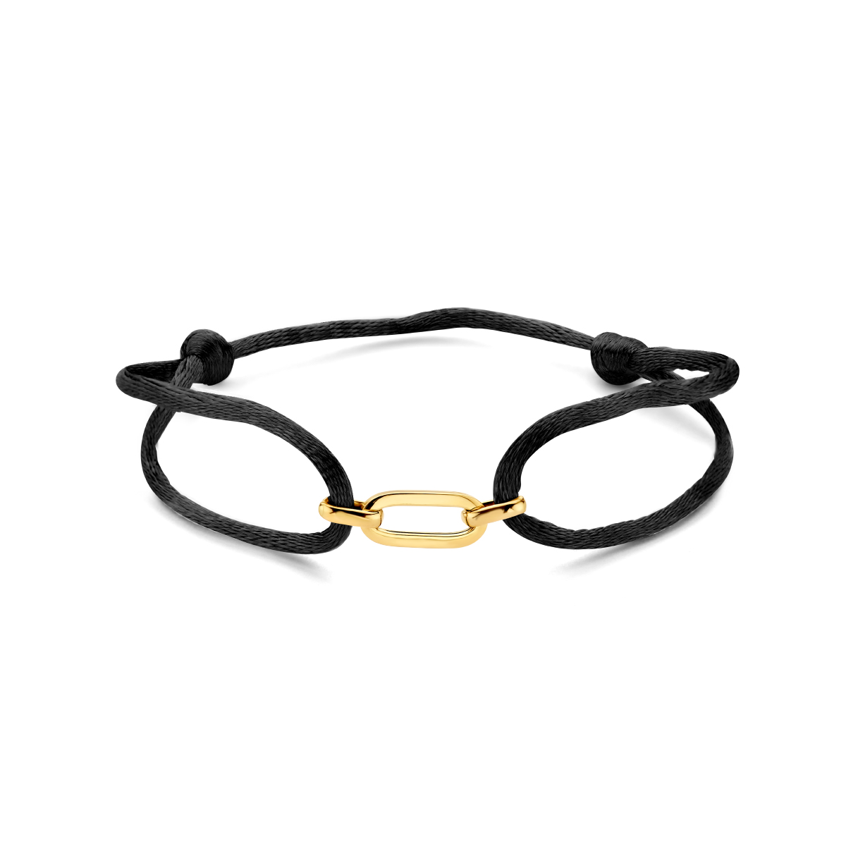 Zwart gevlochten armband uitgevoerd met een 14k geelgouden schakel van 6mm. De armband heeft draaglengtes van 13 tot 26cm.