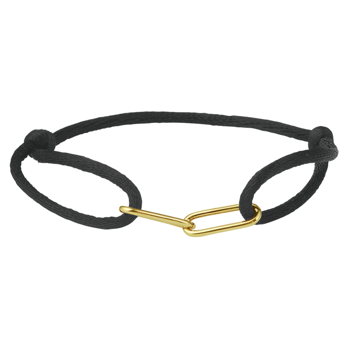 Zwart gevlochten armband uitgevoerd met 14k geelgouden elementen. De armband heeft draaglengtes van 13 tot 26cm. De elementen hebben een afmeting van 5x15mm.