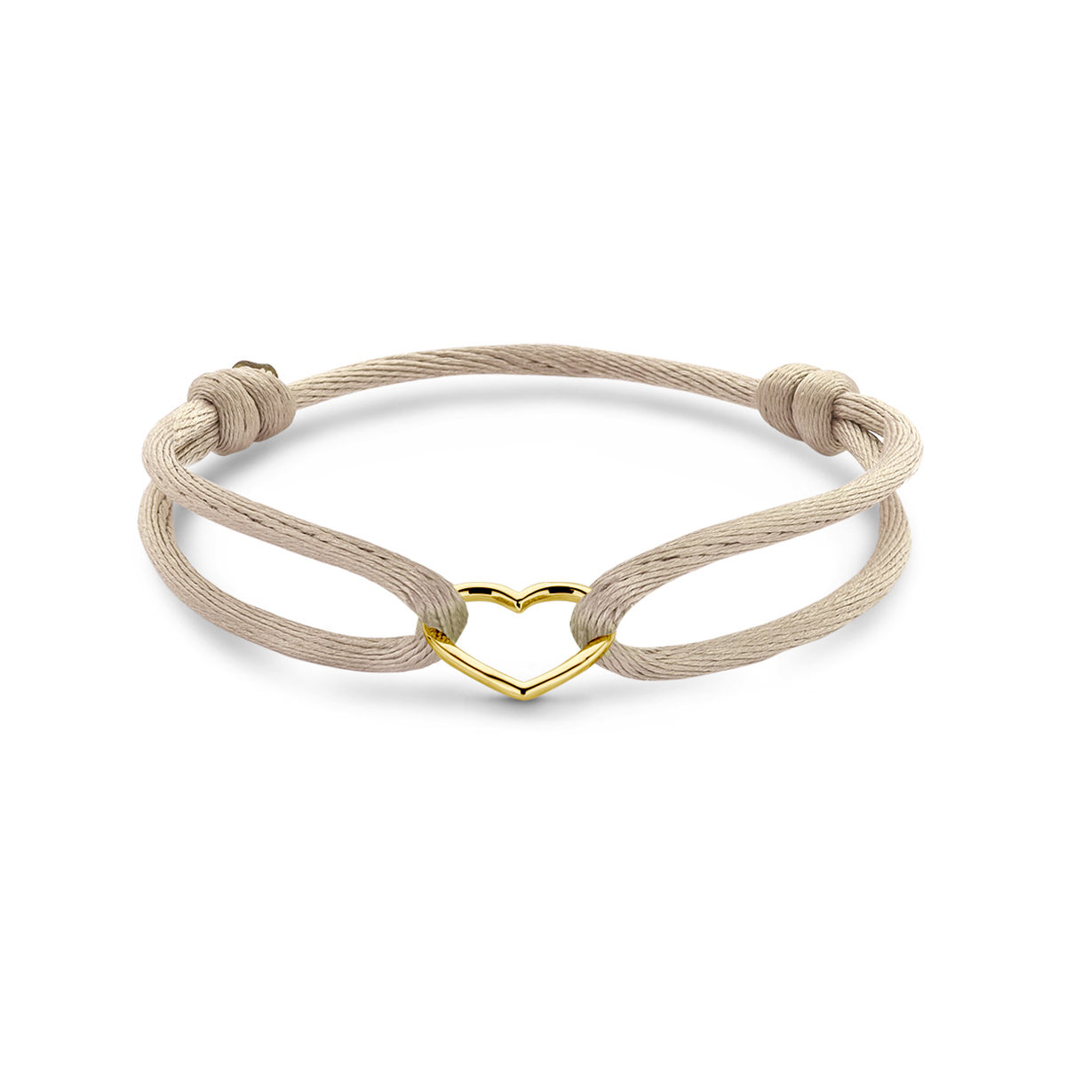 Satijnen armband met een gouden open hartje ertussen.