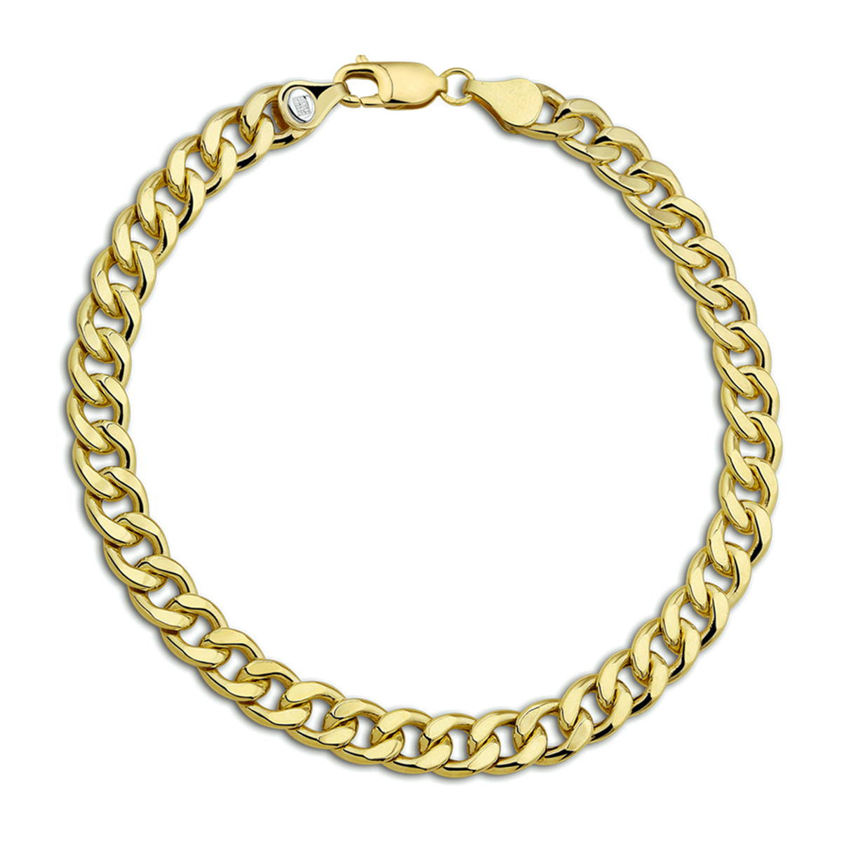 14 Karaats Gouden armband van 14 karaat gouden buis met daarin een kern van sterling zilver. De armband is zoals bij wet verplicht bij de aanzet van de sluiting voorzien van een Nederlands waarborg keurmerk van zowel 14 karaats goud (585) even als een Sterling Zilver (925) keurmerk.

3 Gram 14k Goud
13,5 gram Sterling zilver
Beiden Edelmetalen zijn voorzien van een waarborg keurmerk stempel.
