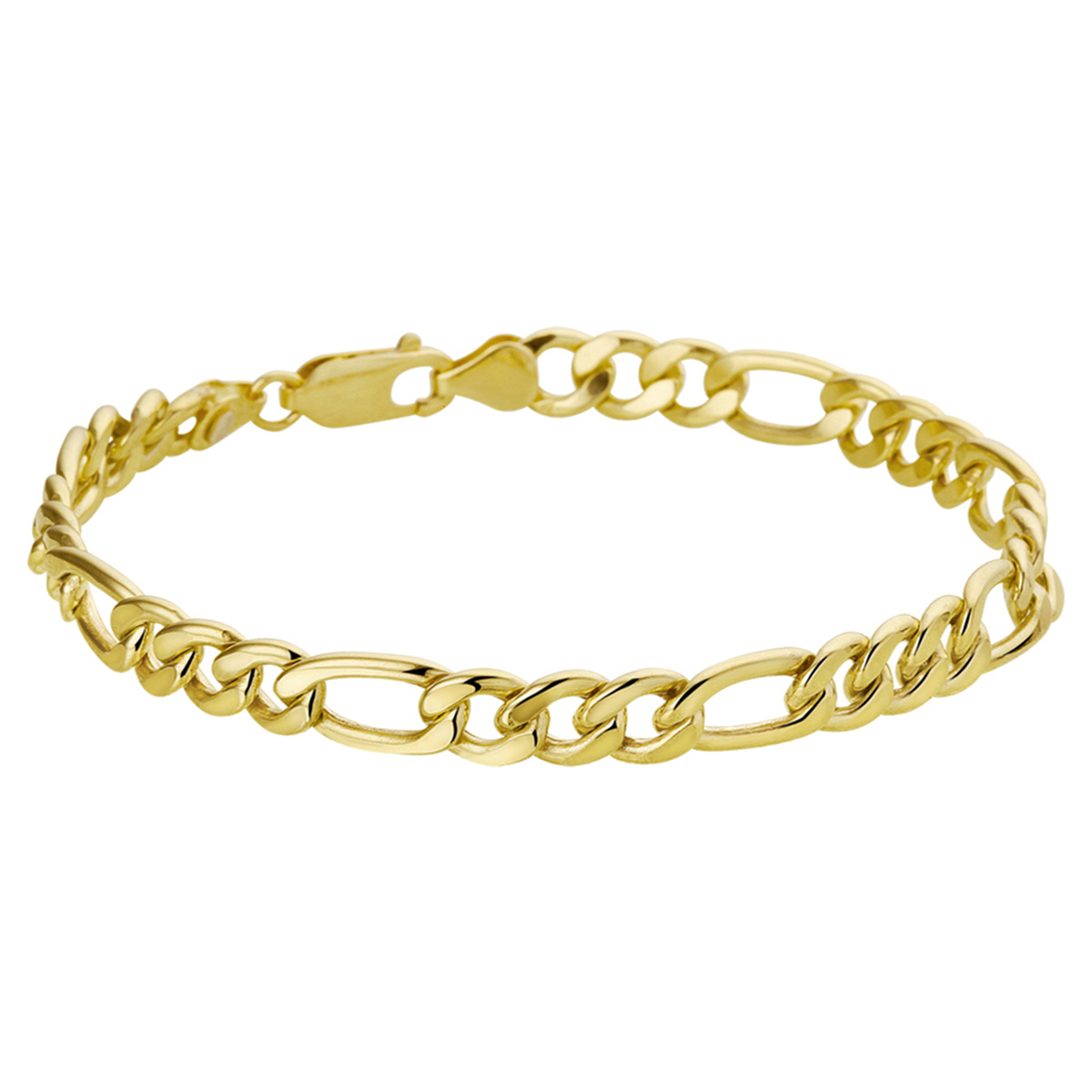 Beschrijving: Sieraden van 14 karaat goud met daarin een kern van 925 zilver. Geelgouden armband met figaro schakel. 
Verpakt per: 1
Doelgroep: heren
Breedte: 7 mm
Langste lengte: 21 mm