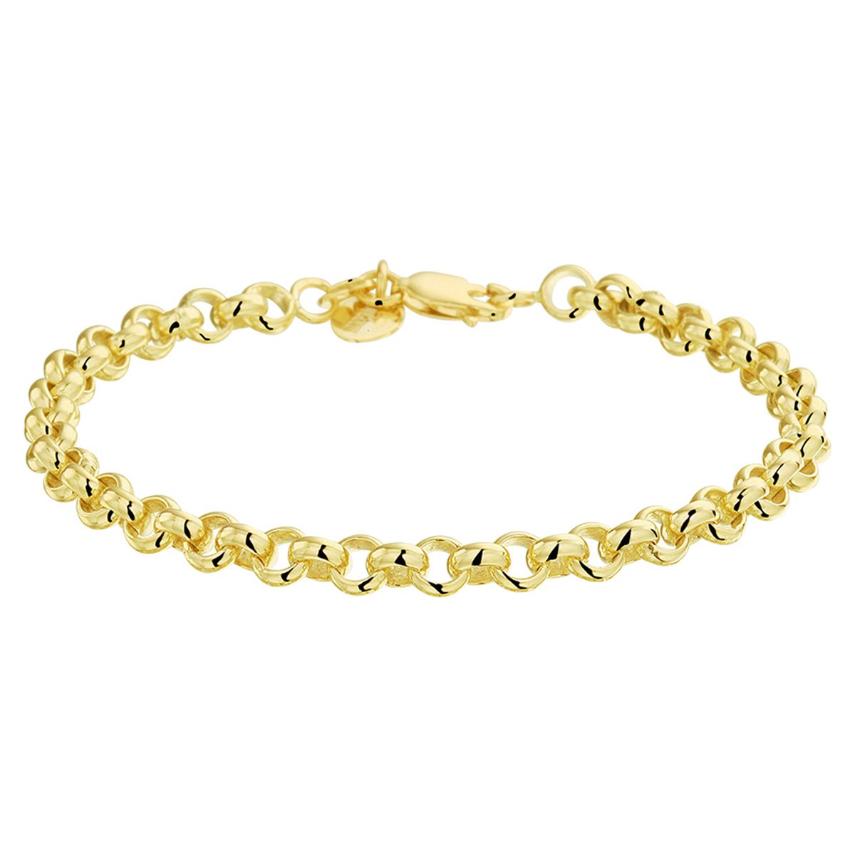 Beschrijving: Sieraden van 14 karaat goud met daarin een kern van 925 zilver. Geelgouden armband met jasseron schakel. 
Breedte: 5 mm
Langste lengte: 19 mm