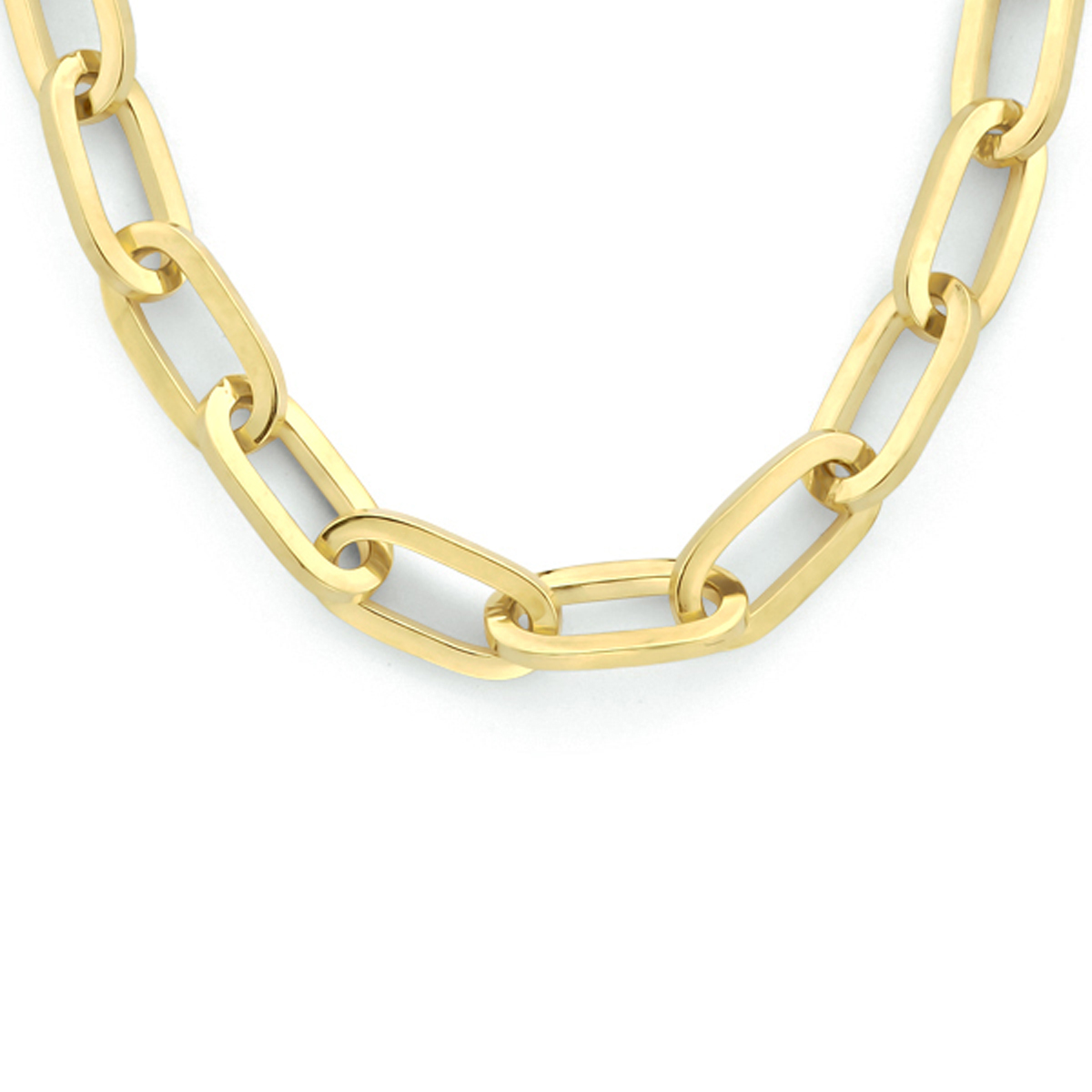 14k Geelgouden collier met daarin een kern van 925 zilver. Het collier is uitgevoerd met een paperclip schakel met een breedte van 5mm. Het collier heeft een draaglengte van 45cm en een stevige karabijn sluiting.