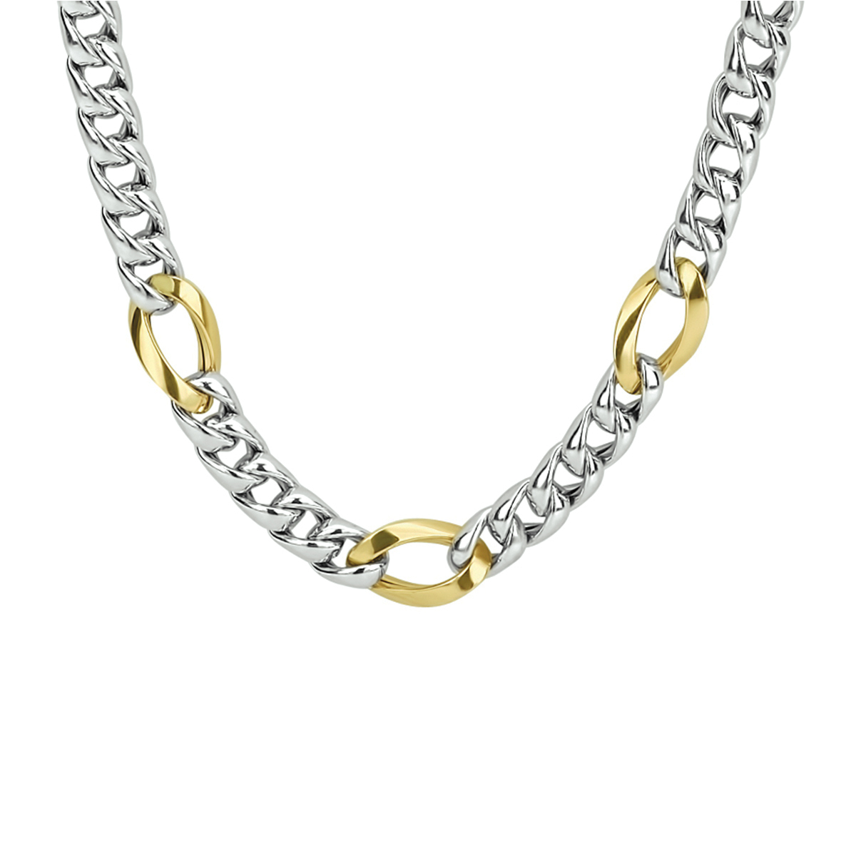 925 zilveren Gourmet collier met 14 karaat geel gouden tussen schakels. Uitgevoerd met een karabijn sluiting. Het collier heeft een draaglengte van 45cm. De schakelbreedte is 8.5mm.